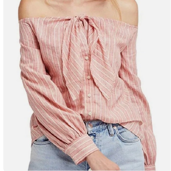 Free People Hello There Beautiful Off Shoulder Red Cream Striped Relaxed Top - Picture 1 of 15